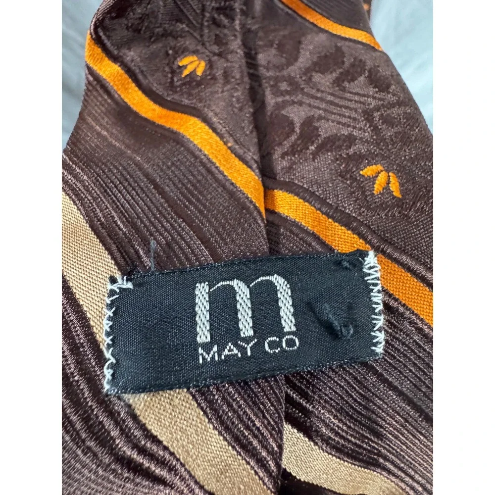 Vintage May Co Mens Necktie Brown Orange Tan Striped Floral Jacquard Silk Tie